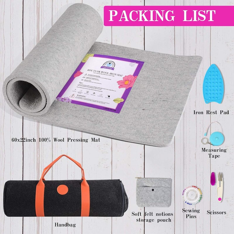 Rdutuok 60 x 22 inches Wool Pressing Mat for Quilting Large Size New Zealand Wool Mat with Scissors, Tape,Felt Storage Case,Iron Rest pad and 40Pcs Sewing Pins - Image 5